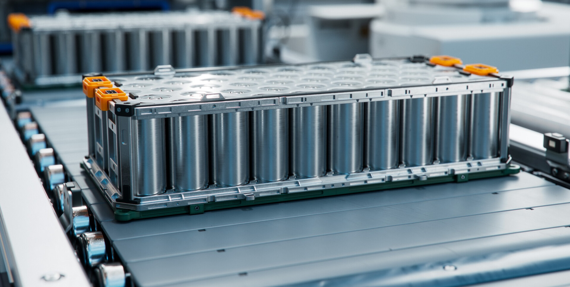 EV Battery Module for Automotive Industry on Production Line. Lithium-ion High-voltage Battery for Electric Vehicle or Hybrid Car. High Capacity Battery on Conveyor.