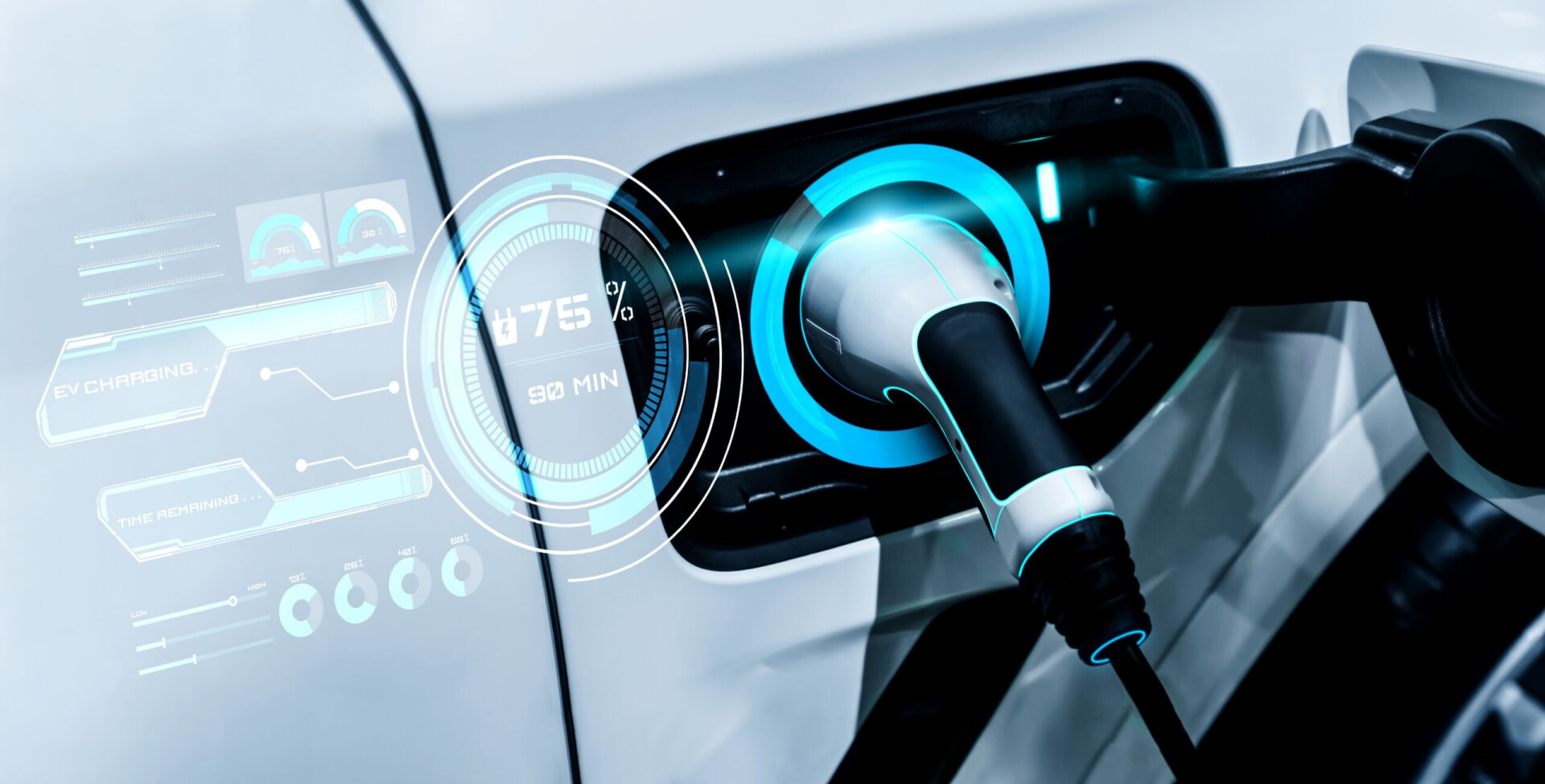 EV charging station for electric car in concept of alternative green energy an electric car being charged by a charger