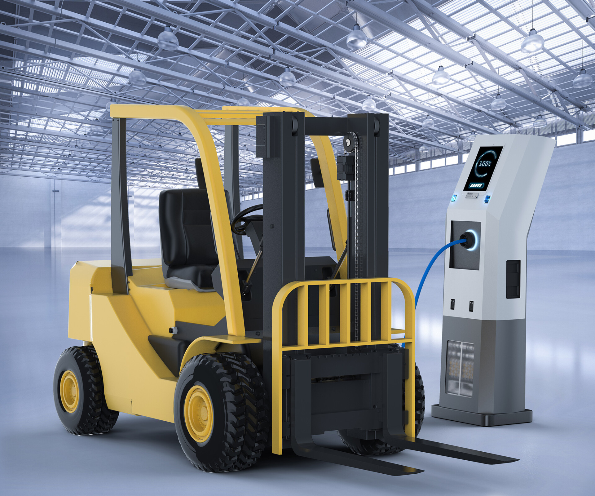 an electric forklift plugged into an EV charger an electric forklift plugged into an EV charger